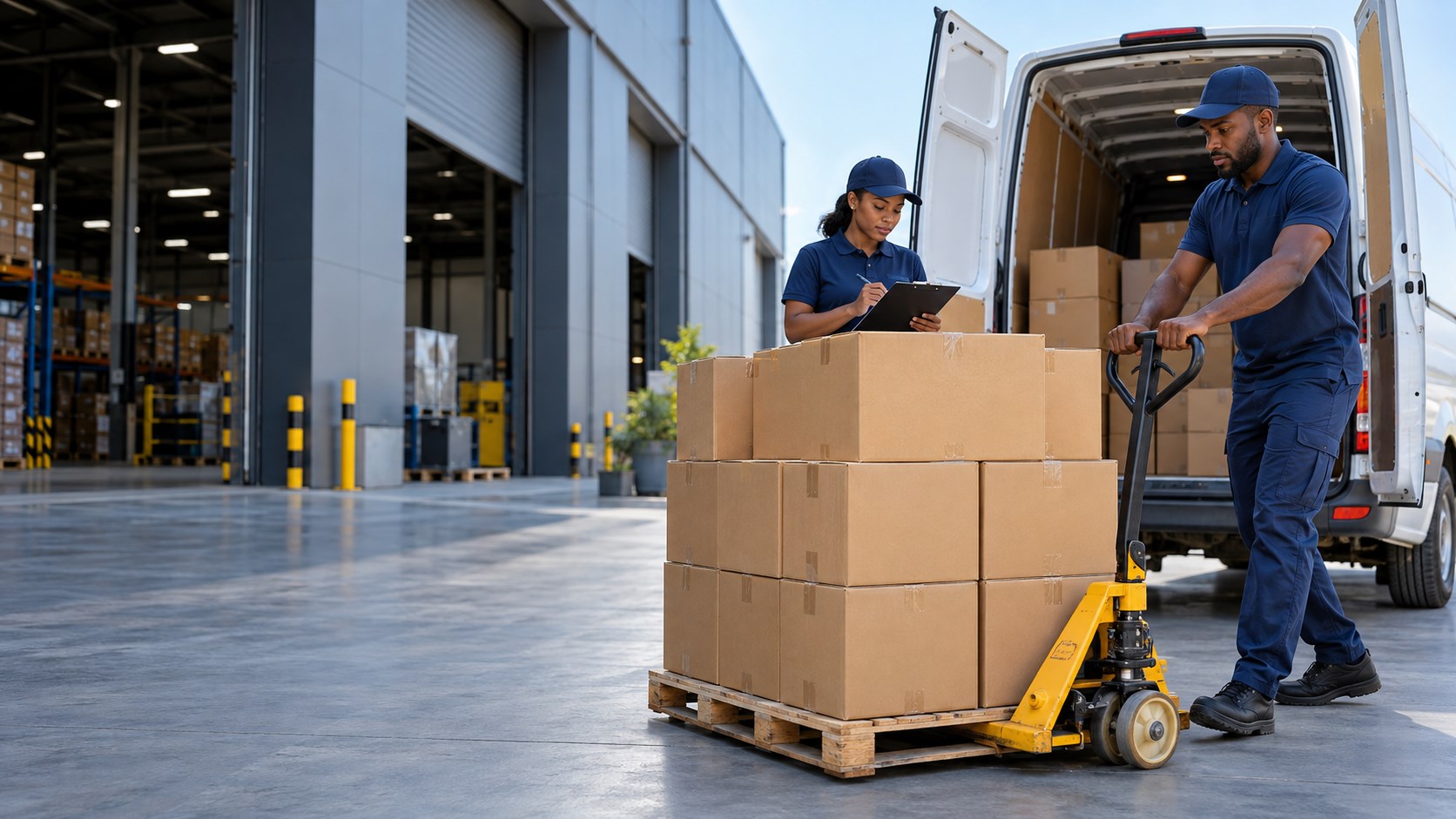 Warehouse staff preparing palletised cartons for loading into a delivery van