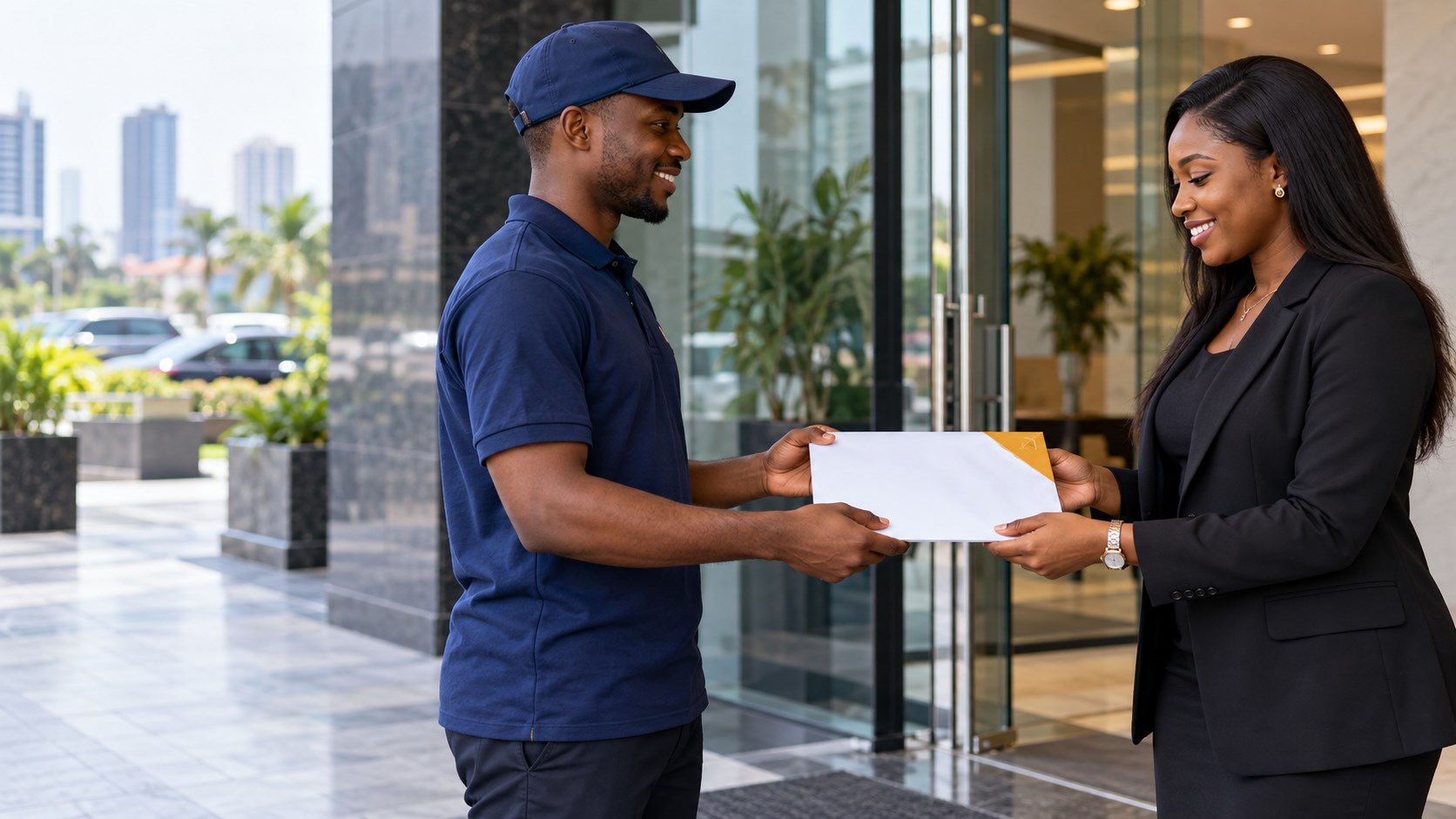 Courier handing a sealed document envelope to an office customer