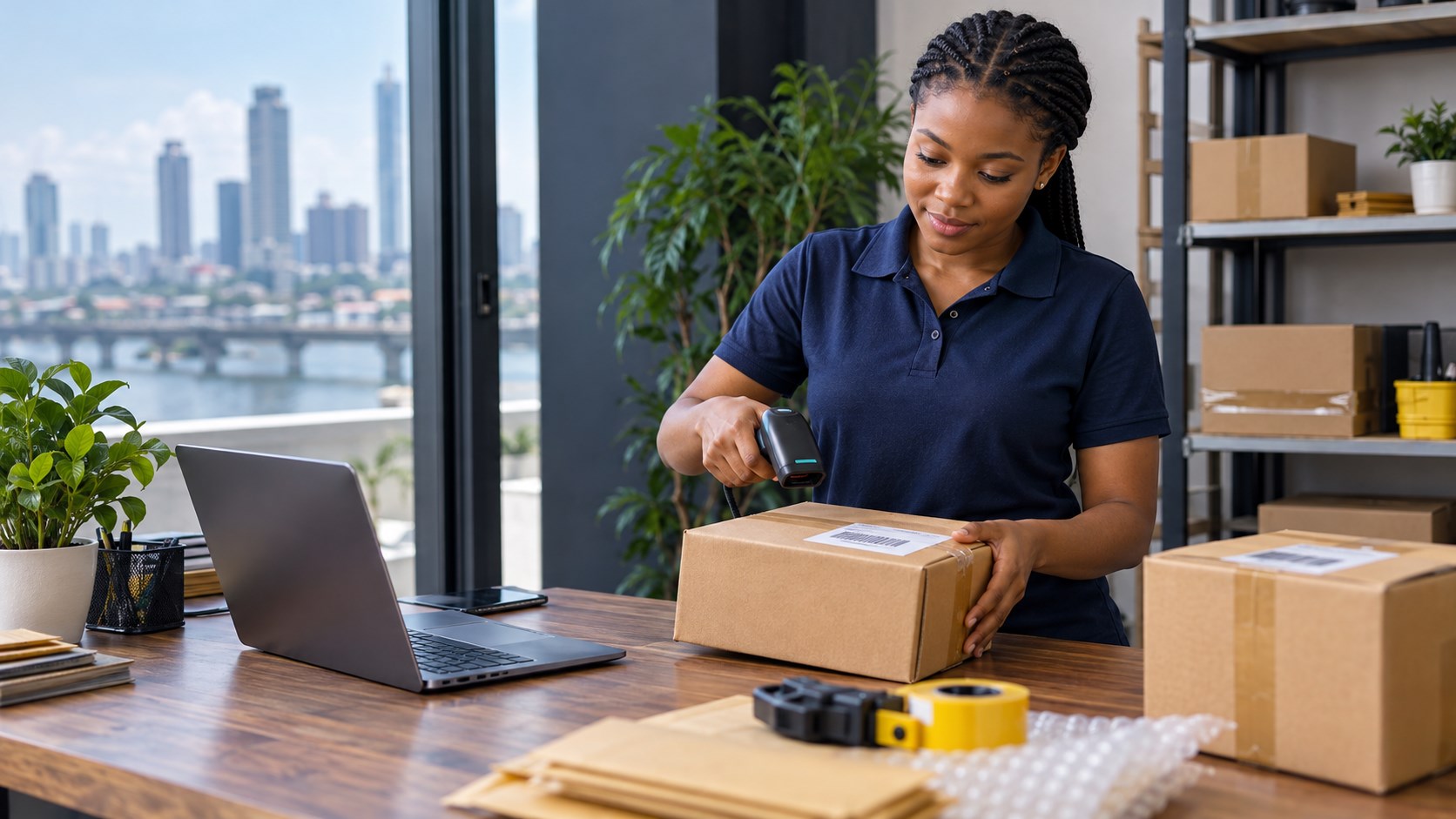 Online retailer scanning a packed parcel at an e-commerce fulfilment station