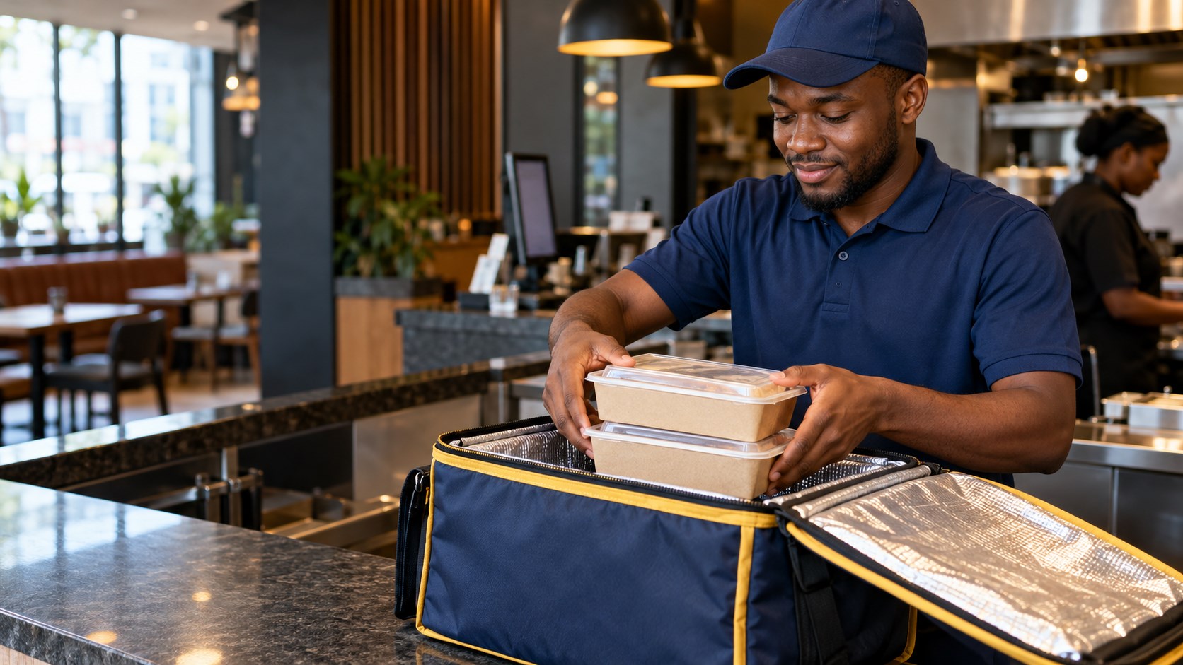 Courier placing sealed takeaway containers into an insulated delivery bag