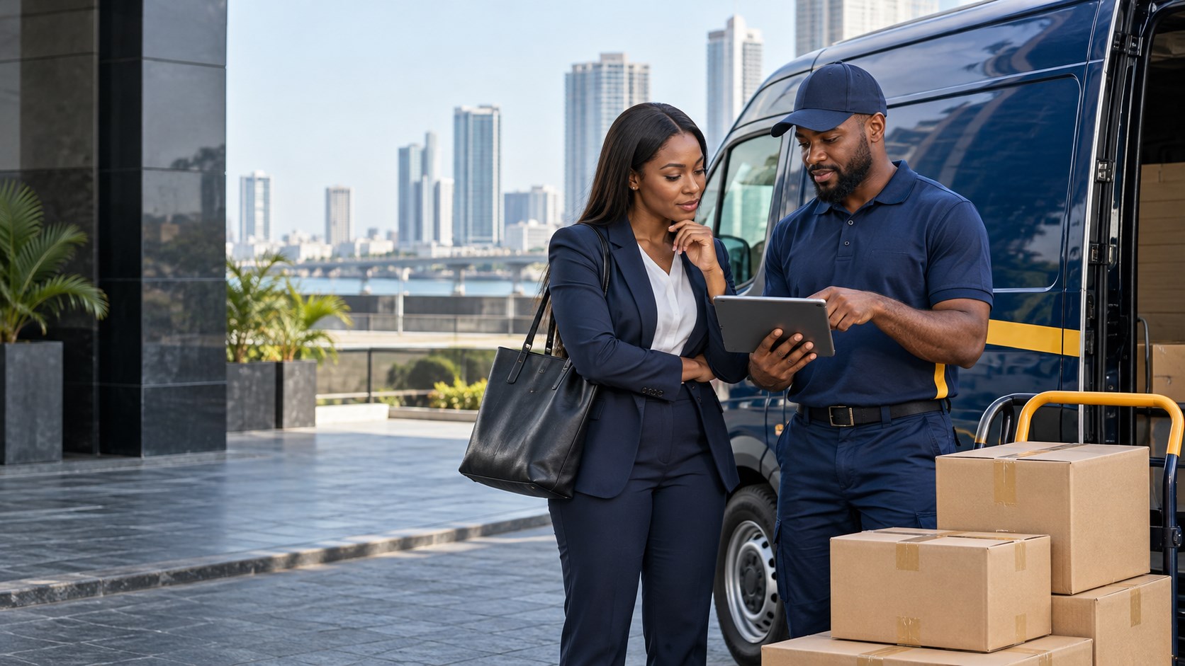 Logistics coordinator and business customer reviewing a delivery plan beside a van